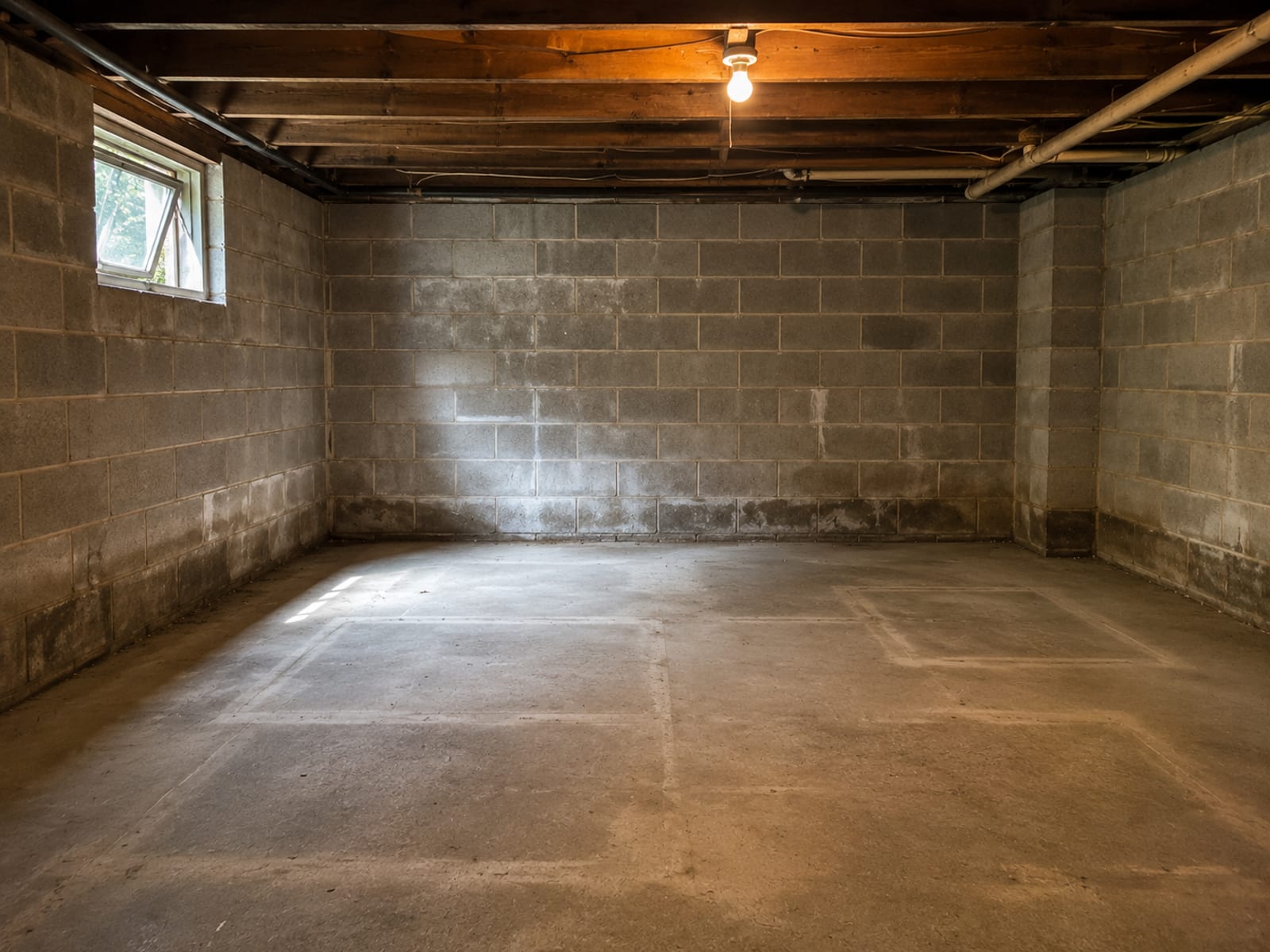 Freshly emptied unfinished basement with a bare concrete floor and block walls after bulk item removal in a New England home