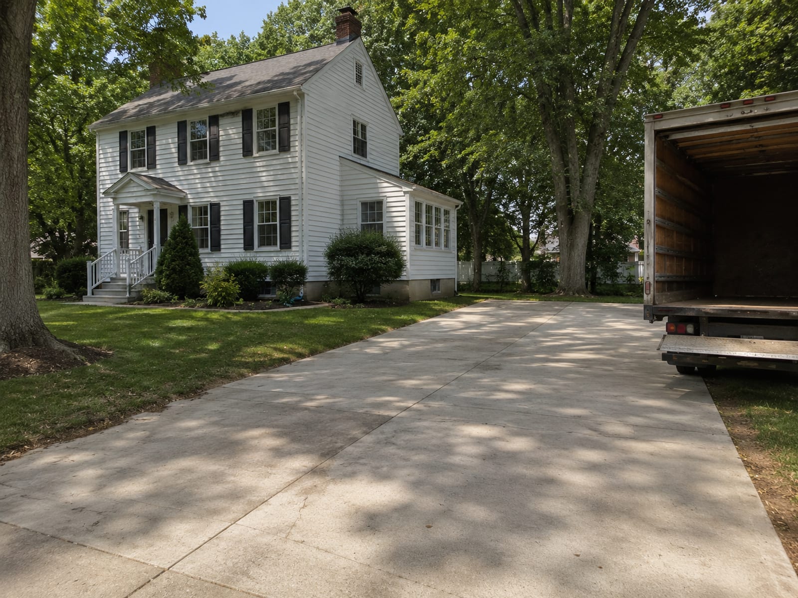 Freshly cleared residential driveway beside a New England colonial home after bulk item pickup