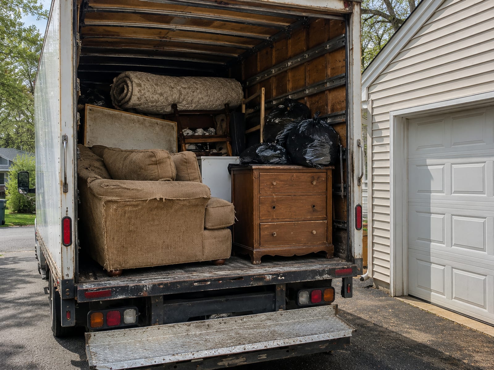 Open cargo bed of a removal truck loaded with mixed bulk items including a sofa, dresser, and bagged debris beside a residential garage