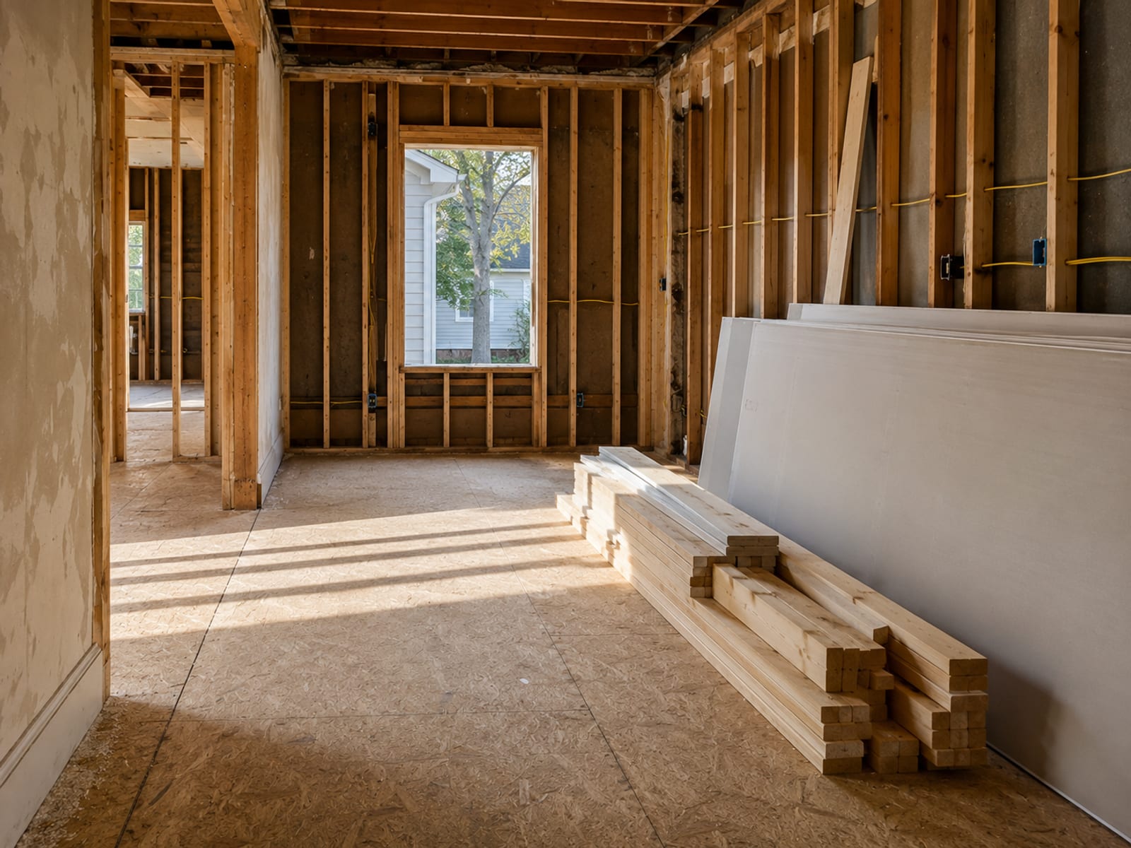 Interior gut renovation in progress showing exposed framing, subfloor, and organized staging of materials inside a New England home