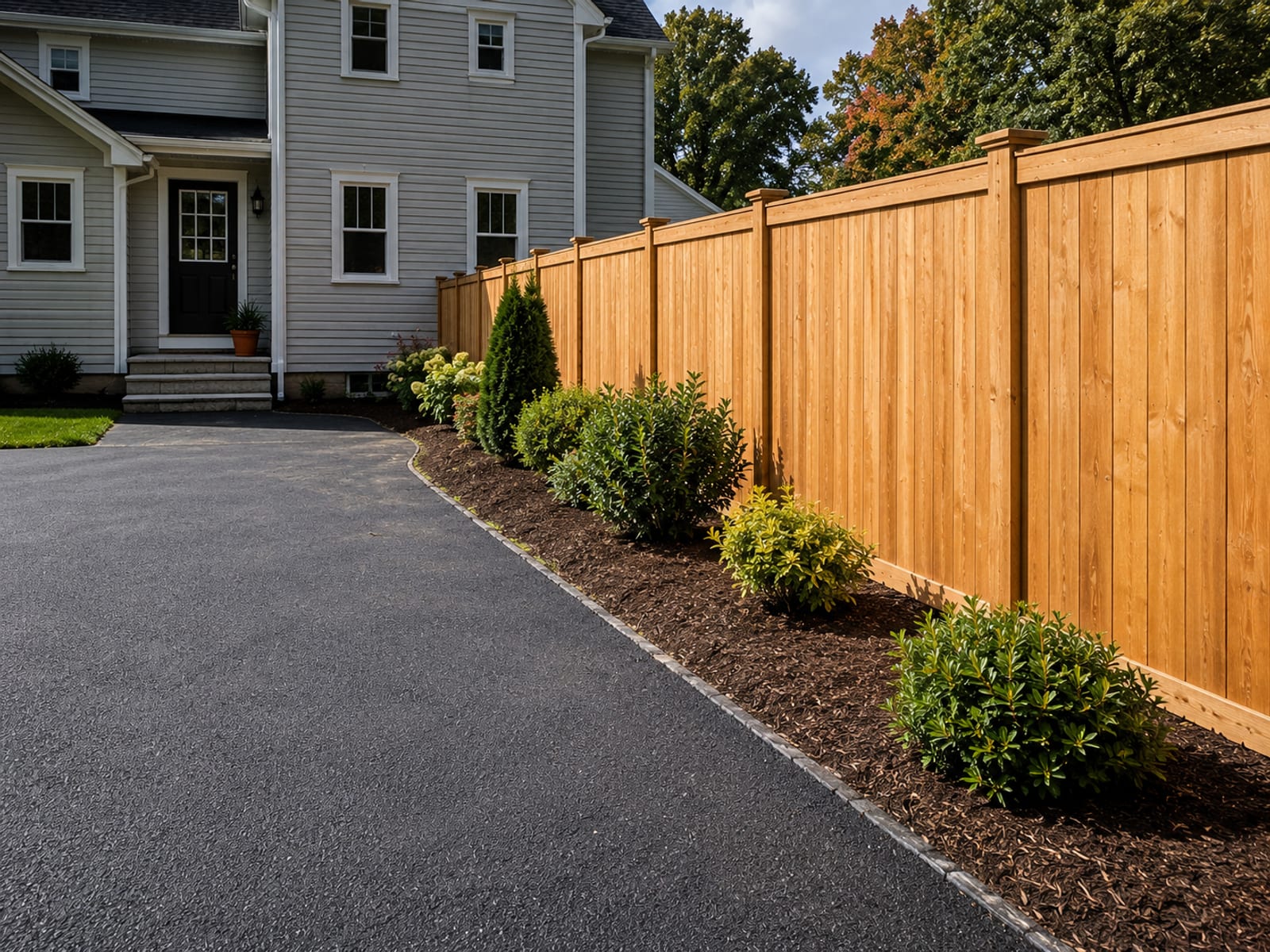 Finished residential backyard with new asphalt paving, an installed wood privacy fence, and fresh mulched landscaping beds side by side